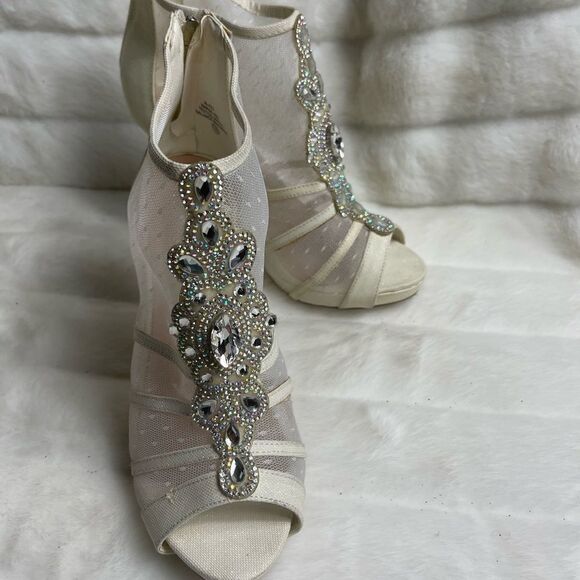 De Blossom collection beige iridescent textile & mesh ankle platform heels SZ10 - Picture 3 of 11